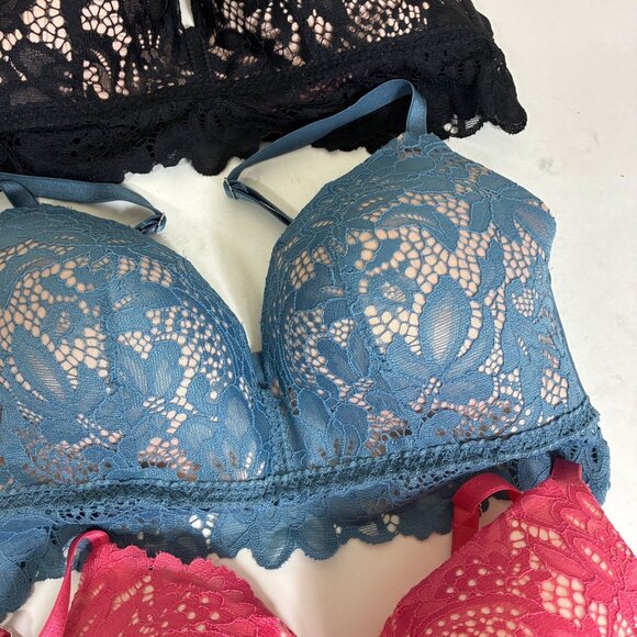 Lot of 3 Hunkemoller Lace Bralettes Pink Black Blue Size 36D - Picture 3 of 9